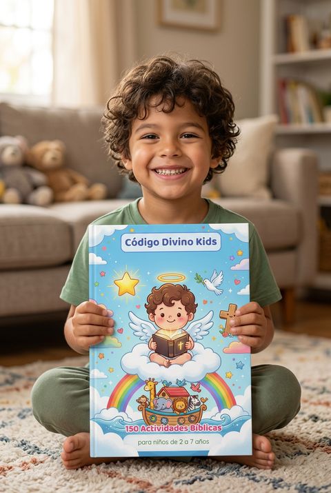 Niño feliz sosteniendo el diseño de Código Divino Kids